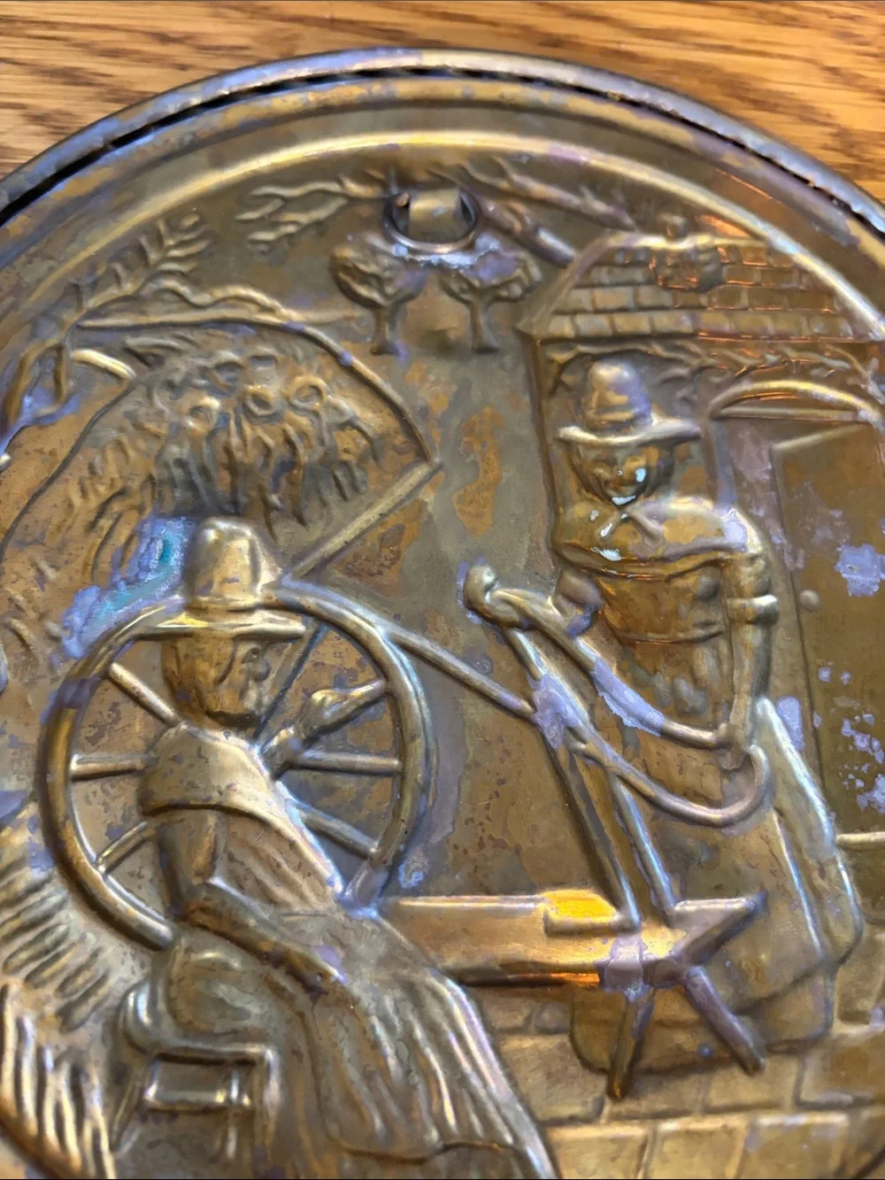 Vintage Brass Wall Hanging Plates Set of 3 - Nautical Ship, Tavern & Spinning Wh